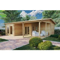 Blockbohlenhaus “Hansa Holiday B” 9x7m | Blockhaus als Ferienhaus kaufen | 7x9m großes Blockbohlenhaus als Sommerhaus kaufen mit Schlafboden, mit Sonnendach, mit Terrasse Unkategorisiert online kaufen