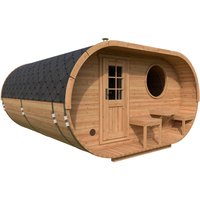 Großes Fasssauna Oval „Deluxe“ 4x4m | Große Sauna mit Terrasse kaufen | Saunafass aus Holz mit Terrasse | Sauna aus Thermoholz oder Fichtenholz Unkategorisiert online kaufen