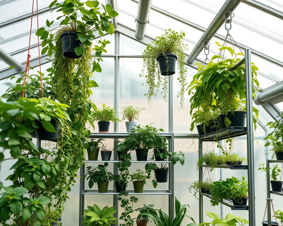 Platzsparende Gewächshaus Einrichtung mit vertikalen Systemen Platzsparende Gewächshaus Einrichtung mit vertikalen Systemen